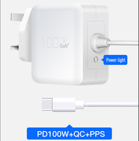 Chargeur GaN 100W avec prise UK et câble USB-C intégré, adaptateur secteur 100W Type-C avec cordon pour téléphone et ordinateur portable