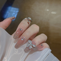 Oferta Especial: 24 Uñas Postizas Cuadradas con Punta Francesa Color Nude, Diseño 3D con Lazo y Diamantes de Imitación, Reutilizables, de ABS, con Pegamento para Mujer