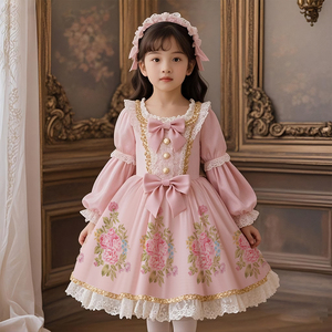 Nuevo Vestido de Princesa Lolita Rosa para Niñas 2026, Hermoso Vestido de Fiesta de Cumpleaños para Niñas de 3 a 12 Años, Vestido Largo de Manga Larga - Product Image 1