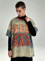 T-shirt Homme Vintage Oversize Délavé Dégradé avec Lettres Brodées Effet Vieilli et Col Rond Côtelé Rouge Contrastant, Motif Étoile