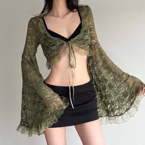 Women Retro Forest Style V Neck Lace Tie Flared Sleeve Cardigan Slightly Sheer Slim Fit Sexy Sun Protection <b>Top</b> - Product Image 2