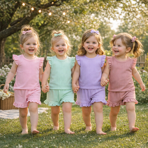 ชุดเสื้อผ้าเด็กผู้หญิง ชุดเซ็ต 2 ชิ้น เสื้อแต่งระบาย + กางเกงขาสั้น สำหรับเด็กอายุ 1-6 ปี ชุดฤดูร้อนสำหรับเด็กผู้หญิง - Product Image 1