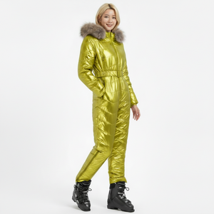 Combinaison de <span class=keywords><strong>ski</strong></span> pour <span class=keywords><strong>femme</strong></span> AQTQ, luxe, argent métallisé, avec capuche en <span class=keywords><strong>fourrure</strong></span>, ceinture de créateur, une pièce - Product Image 5