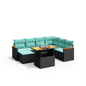 ชุดโซฟาหวายสังเคราะห์สีดำทันสมัย พร้อมเบาะรองนั่ง สำหรับ 8 คน เฟอร์นิเจอร์กลางแจ้ง ดีไซน์ร่วมสมัย - Product Image 1