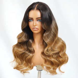Pelucas rizadas naturales de pelo doble dibujado13x4 Pre-Everything Lace Frontal Black to Caramel Blonde Ombre Loose Wave Peluca de cabello humano - Product Image 2