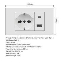 KESHIQI 118 Type PC Blanc Double Prise USB Type-C Italienne avec Logo, Interrupteur d'alimentation 1 Gang 2 Voies Durable, Prise Encastrée