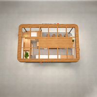Kiosque de vente en bois chaud et pierre patinée avec éclairage LED, design écologique, proposant des glaces à la pistache