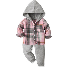 Chemise à carreaux à simple boutonnage de style coréen <span class=keywords><strong>pantalon</strong></span> décontracté polyvalent à capuche à manches longues ensemble deux pièces pour enfants pour garçons filles coton - Product Image 5
