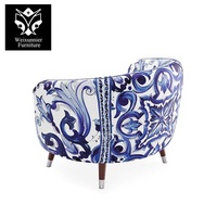 Ensemble de fauteuil et pouf en tissu de porcelaine bleu et blanc moderne Dossier incurvé durable Canapé pour salon Loisirs