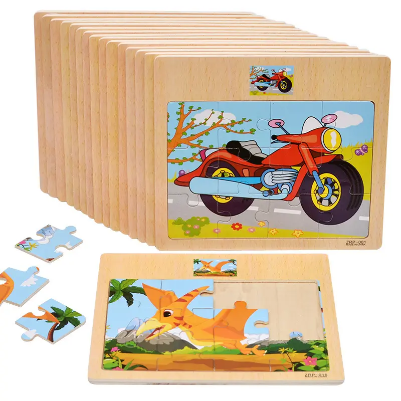 बच्चों के लिए कार्टून पशु यातायात संज्ञानात्मक प्रारंभिक शिक्षा पहेली खिलौने लकड़ी के कार्टून लकड़ी के खिलौने के 12 टुकड़े