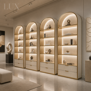 Modern Cream Arched Retail Showcase Back <b>Wall</b> Display Cabinet LED Lit Fluted Shelving <b>Unit</b> for Salon Boutique Cosmetic Store - Product Image 3
