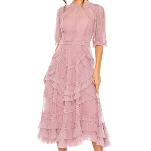 Design Lady Elegant Party Dress Half Puff Sleeve Ruffle Tulle Tiered Skirt Midi Romantic Gown Women Dresses