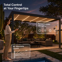Pergola intelligente à lames orientables effet bois, pergola extérieure motorisée en aluminium équipée d'un éclairage RGB contrôlé par application et d'un capteur de pluie