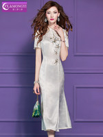 FMY71281 Robe Qipao d'été de style chinois haut de gamme, élégante, avec broderie florale et perles, longueur thé, tenue traditionnelle chinoise