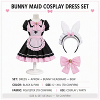 Ensemble de robe de cosplay de demoiselle d'honneur Bunny Maid noir et rose, tenue de demoiselle d'honneur courte et mignonne avec manches bouffantes, tablier à volants et bandeau oreilles de lapin croisées