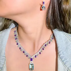 Beautiful Purple Blue Cubic Zircon Crystal Dangle Drop Bridal Wedding Necklace Earrings Party Jewelry Sets for Women