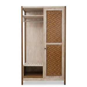 Armoire moderne en bois massif à double porte avec panneau aspect rotin pour chambre à coucher - Product Image 1