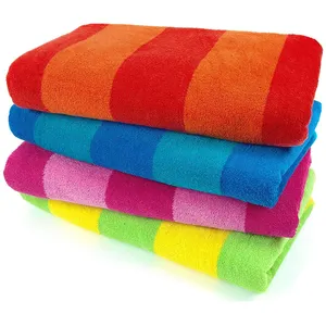Toalha de pelúcia ultra-colorida listrada, 100% fios para tingimento de algodão, toalha de secagem rápida altamente absorvente para praia