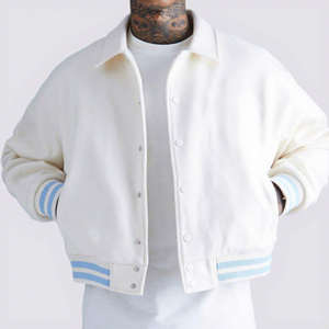 Men's Winter College for Varsity Jacket Blue Embroidered Letter <b>Turn</b>-down Collar <b>Button</b> Front Windproof Preppy Outerwear - Product Image 2