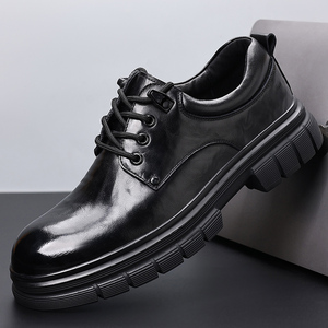 <b>Men's</b> Textured Top Grain Leather Chunky <b>Heel</b> Style Business Casual Shoes High End Leather - Product Image 4