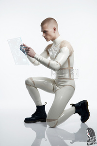Hochglänzender Weißer Latex-Catsuit für Männer mit Transparenten Hautfarbenen Einsätzen Ganzkörper-Einteiler - Product Image 4