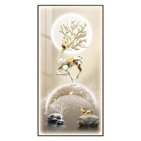Art mural en porcelaine de cristal minimaliste moderne Cerf Peinture animale HD Peinture à lumière LED avec cadre noir pour la décoration du salon