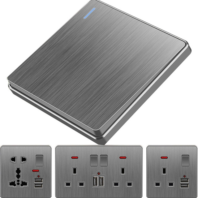Grey Universal Uk 13A Electric Wall Switch 2usb Socket, Switch for Fan Dimming,Power Socket 220V Lamp Switch Button
