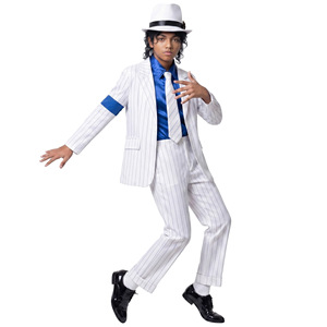 Costume Michael Jackson pour enfants, costume blanc à rayures fines avec chapeau pour spectacle de danse, fête d'Halloween - Product Image 5