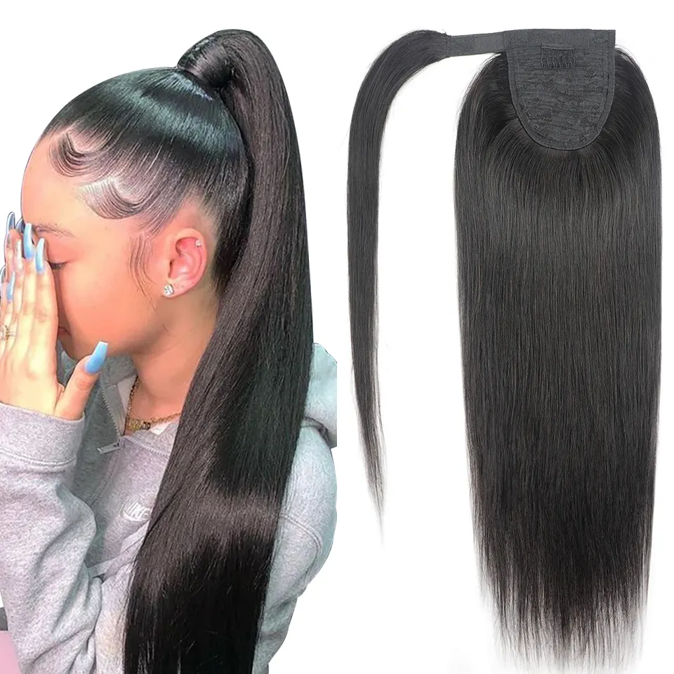 Straight Wrap Around Ponytail Extension Human Hair With Clip In Pony Tail Hairpiece for Women Gift Real Remy Hairstyle