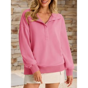Sweat-shirt oversize pour femme à manches longues, col Henley à boutons-pression, coupe ample, pull décontracté, respirant, en maille, avec capuche - Product Image 2