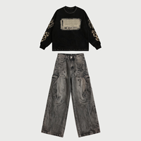 Ensemble de survêtement vintage streetwear pour homme avec logo personnalisé, sweat-shirt à manches léopard orné de strass et jean cargo déchiré, OEM ODM, 2 pièces