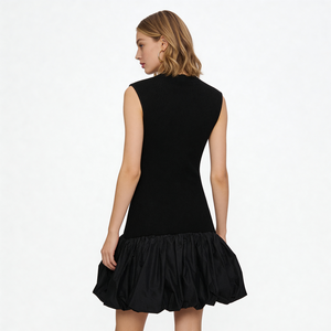 Abito Corto Estivo da Donna di Alta Qualità, Nero, Lavorato a Maglia, con Volant, Stile Francese di Nicchia, Vestibilità Slim, Senza Maniche, con Cuciture e Pieghe, per Uso Quotidiano - Product Image 2