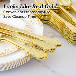 Assiettes en plastique dorées pour fête, ensemble d'assiettes jetables dorées, comprenant assiette, couteau, fourchette, cuillère, <span class=keywords><strong>service</strong></span> <span class=keywords><strong>de</strong></span> <span class=keywords><strong>vaisselle</strong></span> en plastique exquis - Product Image 2