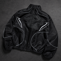 Blouson Bomber Noir Tissé Personnalisé par le Fabricant avec Passepoil Contrastant, Fermeture Éclair Intégrale, Col Montant, Coupe Oversize, Style Y2K Streetwear, Léger à Capuche pour Homme