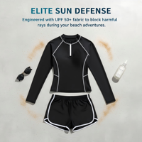 Maillot de bain une pièce minimaliste noir et blanc à motifs floraux pour femme, manches longues, fermeture éclair, protection UV UPF50+, séchage rapide, essentiel pour le surf côtier