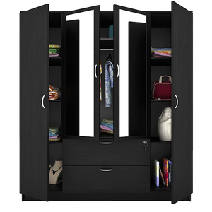 New Modern Laminate <strong>Mirror</strong> Design 4 Door <strong>Black</strong> Eco-friendly Soft Closing Bedroom <strong>Wardrobe</strong> for Hotel Apartment School Furniture - Product Image 4