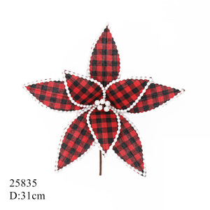 Décorations florales de Noël à carreaux rouges et blancs, tiges de poinsettia en tissu faites à la main pour un arbre de Noël élégant - Product Image 3