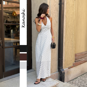 Abito Casual da <span class=keywords><strong>Donna</strong></span> con Stampa a Pois, Vita Alta, Scollo a V Profondo, Sexy ed Elegante, Lungo, per Primavera, Autunno ed Estate - Product Image 1