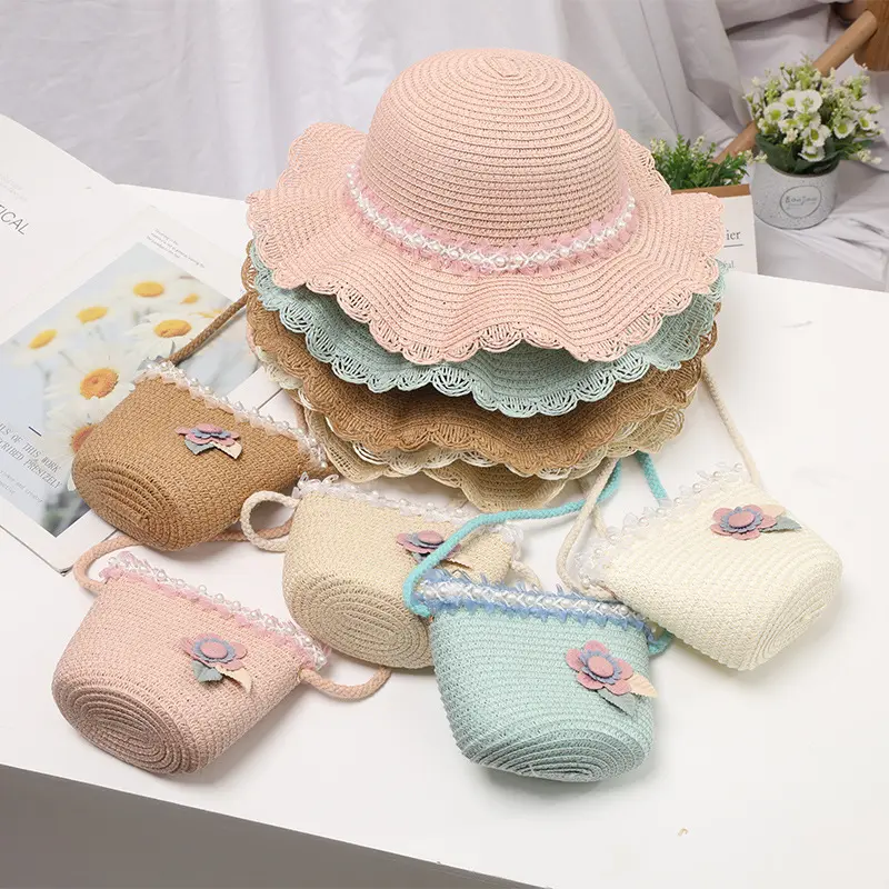 Chapeau de soleil en perles pour enfants, petit sac à bandoulière, chapeau de paille de voyage pour bébé