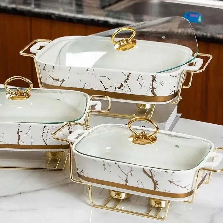 Maatwerk Fabriek Directe Verkoop Gouden Ovenschotel Marmer Keramische Hotel Serviesgoed Buffet Soep Set Met Rackalcohol Isolatie