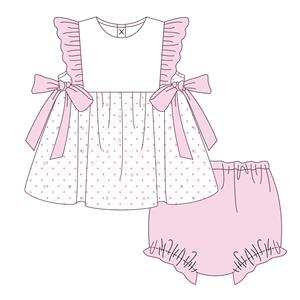 Monogramma vendita calda abbigliamento personalizzato per bambini estate cotone rosa stampe a punti con fiocco decorazione Baby Bubble pagliaccetto - Product Image 4