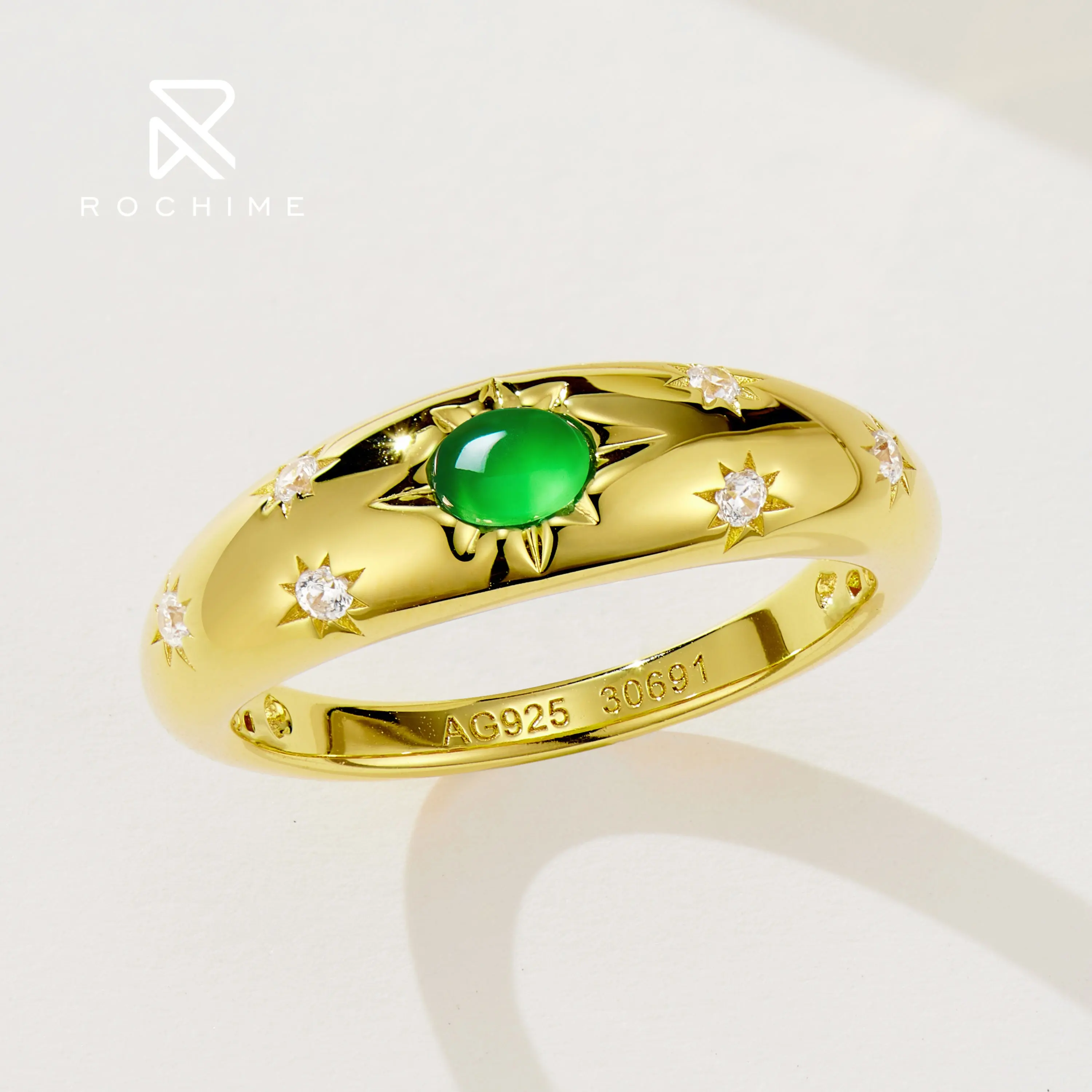 Модное зеленое кольцо из халцедона, нефритовое кольцо «Счастливая звезда», позолоченное кольцо из стерлингового серебра 18 карат, 925 Обручальное кольцо, ювелирные изделия