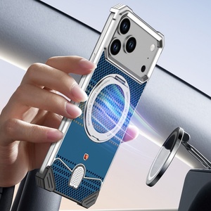 New Carbon Fiber Texture Aluminum Metal <b>Phone</b> Case for iPhone 17 Pro Max With 360 Magnetic <b>Ring</b> Stand Frameless Protective Cover - Product Image 4