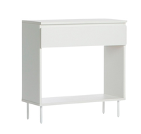 Console d'appoint moderne blanche avec tiroir et rangement ouvert, meuble d'appoint à pieds métalliques pour salon
