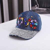 Casquette de baseball incrustée de diamants, motif LOVE, 6 panneaux, ajustable, en jean, style européen et américain, pour un look professionnel et polyvalent