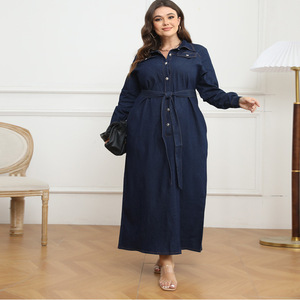 Abiti <span class=keywords><strong>Jeans</strong></span> taglie forti autunnali <span class=keywords><strong>di</strong></span> alta qualità da donna Casual con colletto rovesciato lunghi lunghi abiti da donna in Denim - Product Image 1