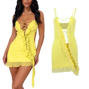 OJW010897新款设计女士迷你黄色夏季绷带连衣裙价格优惠
