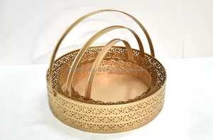 Metal <b>Baskets</b> Round Golden Color With Handle Set Of 3 <b>For</b> Gifting <b>Hampers</b> And Storage Handcrafted Luxury Gift <b>Baskets</b> - Product Image 2