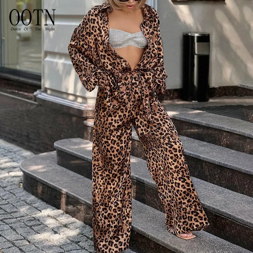 OOTN 2024 primavera y otoño moda mujer Casual solapa manga larga estampado de leopardo cinturón pantalones de pierna ancha sueltos conjunto de Yoga de dos piezas