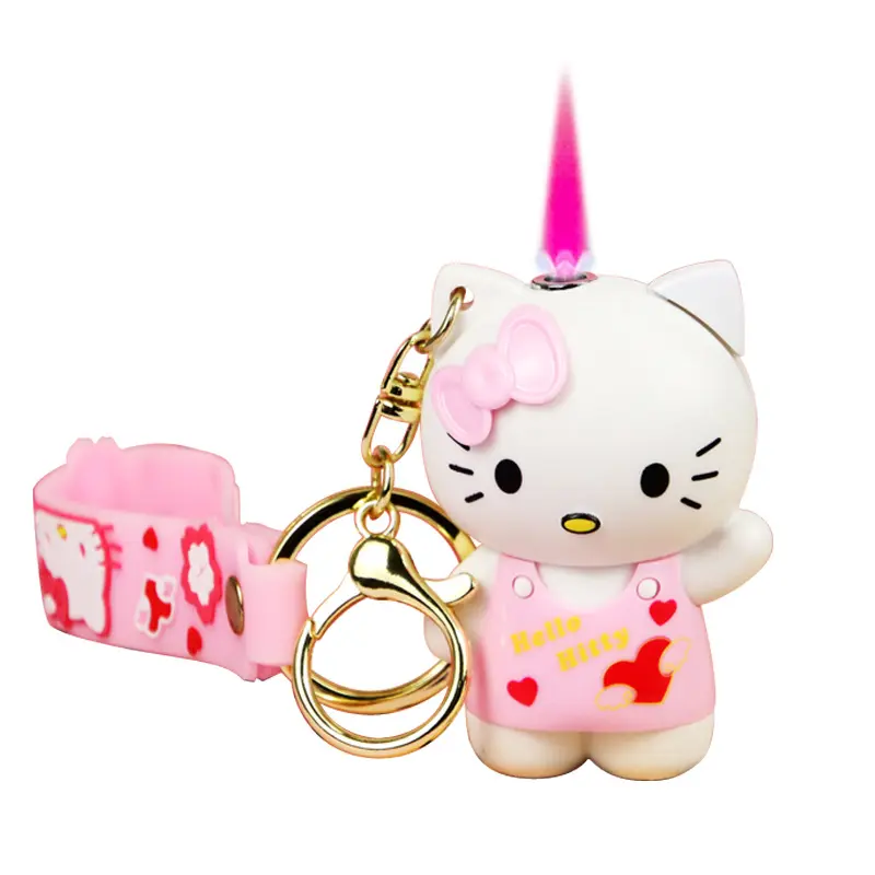 Toptan 3D Hello Kitty karikatür çakmak doldurulabilir rüzgar geçirmez kırmızı alev gaz çakmak aksesuarları ile